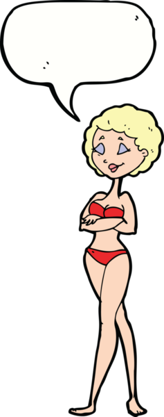 Bir insan tarafından çizilmiş konuşma balonu olan bikinili bir retro kadın.