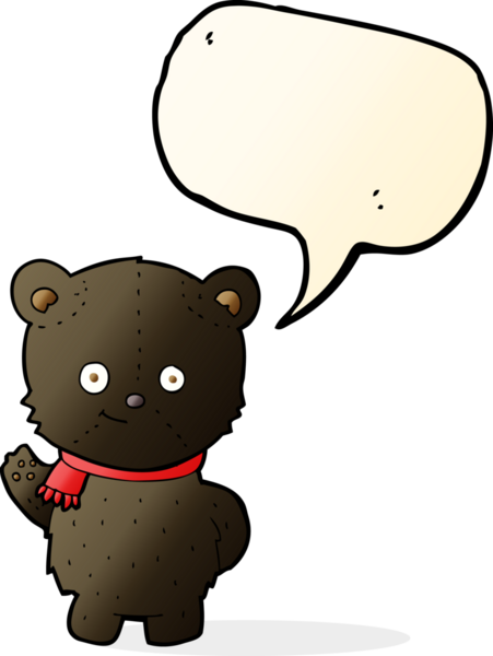 Bir insan tarafından çizilmiş konuşma balonu olan sevimli çizgi film kara ayısı.