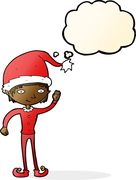 Bir insan tarafından çizilmiş düşünce baloncuğuyla Noel elfini sallayan çizgi film.