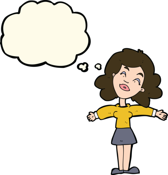 Bir insan tarafından çizilmiş düşünce balonlu açık kollu çizgi film kadını.