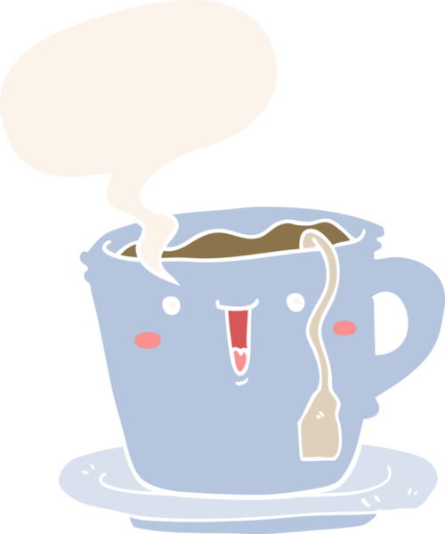 Tatlı bir çizgi film fincanı ve bir insan tarafından çizilmiş retro tarzı konuşma baloncuğu olan bir fincan tabağı.