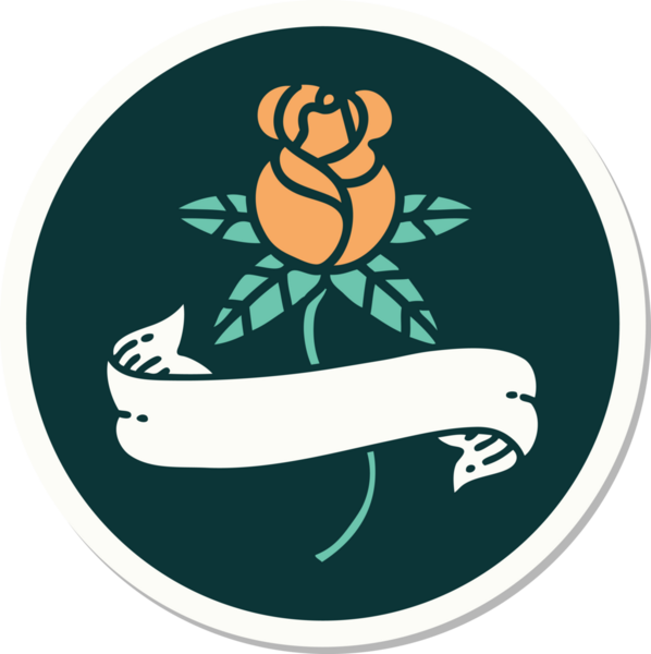 Bir insan tarafından çizilmiş gül ve pankartın geleneksel stiliyle dövme çıkartması.