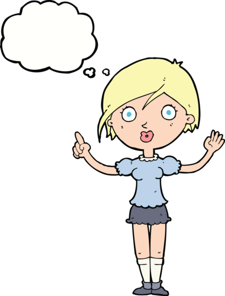 Bir insan tarafından çizilmiş düşünce baloncuğuyla soru soran çizgi film kızı.