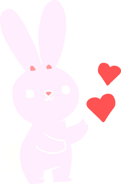 Sevgi dolu kalpleri bir insan tarafından çizilmiş düz renkli çizgi film tavşanı.