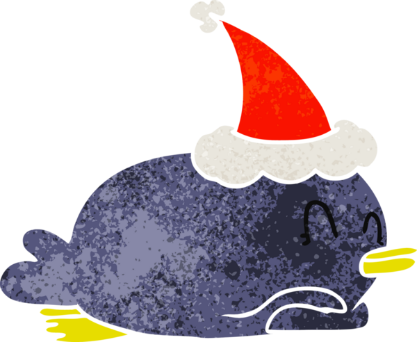 Penguen göbeğinde bir insan tarafından çizilmiş Noel Baba şapkası var.