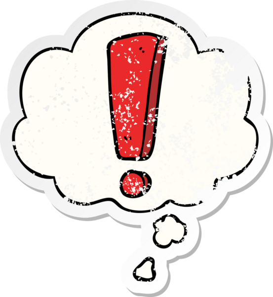 Düşünce baloncuklu çizgi film ünlem bir insan tarafından çizilmiş yıpranmış bir çıkartma gibi