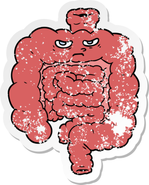 Bir insan tarafından çizilmiş karikatür bağırsağının sıkıntılı etiketi.