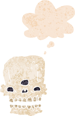 grunge 'da düşünce baloncuğu olan karikatürümsü kafatası, bir insan tarafından çizilmiş tedirgin geçmiş dokuma tarzı.