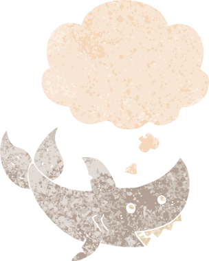 Düşünce baloncuğu ve grunge ile çizgi film köpekbalığı bir insan tarafından çizilmiş desenli sıkıntılı retro