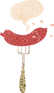 Çizgi film, çatal üzerinde mutlu sosis ve grunge 'da konuşma kabarcığı bir insan tarafından çizilmiş sıkıntılı retro dokuma tarzı.