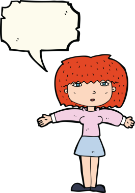 Bir insan tarafından çizilmiş konuşma baloncuğuyla omuz silken çizgi film kadını.