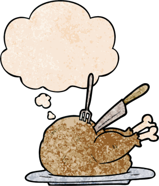 Düşünce baloncuklu çizgi film hindisi. Bir insan tarafından çizilmiş grunge desenli.