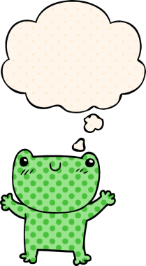Çizgi roman tarzında düşünce baloncuğu olan çizgi film kurbağası.
