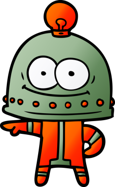 Bir insan tarafından çizilmiş ampullü mutlu karton robot.