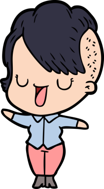 Bir insan tarafından çizilmiş hippi saç kesimli sevimli bir çizgi film kızı.