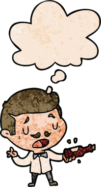 Bir insan tarafından çizilmiş grunge desenli düşünce baloncuğu olan çizgi film şarap uzmanı.