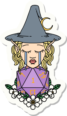 Ağlayan bir elf cadısının çıkartması. Bir insan tarafından çizilmiş doğal bir D20 rulosu.