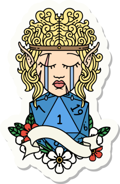 Hüzünlü bir elf barbarının çıkartması. İnsan tarafından çizilmiş doğal bir D20 yuvarlak yüzlü.