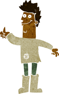 Bir insan tarafından çizilmiş paçavralar içinde pozitif düşünen bir adam.