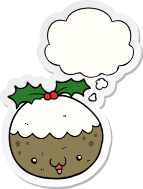 Düşünce baloncuklu tatlı noel pudingi bir insan tarafından çizilmiş bir çıkartma.