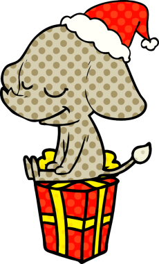 Bir insan tarafından çizilmiş Noel Baba şapkası takan gülümseyen bir filin el çizimi çizgi roman çizimi.