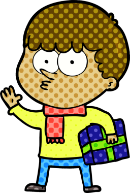 Çizgi film meraklısı çocuk bir insanın çizdiği hediyeyi taşıyor.