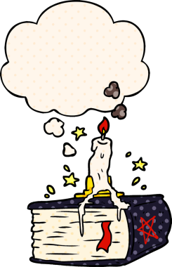 Çizgi roman tarzında bir insan tarafından çizilmiş düşünce baloncuğu olan karikatür ürkütücü büyü kitabı.