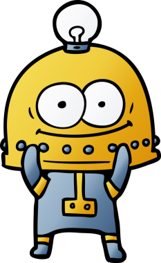 Bir insan tarafından çizilmiş ampullü mutlu karton robot.