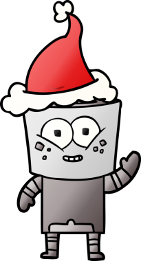 Bir insanın çizdiği Noel Baba şapkasıyla el sallayan bir robotun gradyan çizimi.