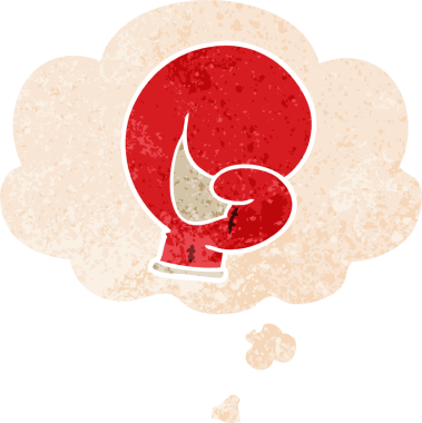 Düşünce baloncuğu ile boks eldiveni karikatürü grunge sıkıntılı retro tarzı bir insan tarafından çizilmiş