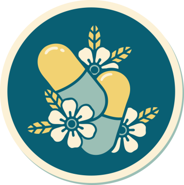 Bir insan tarafından çizilmiş geleneksel hap ve çiçek stili dövme çıkartması.