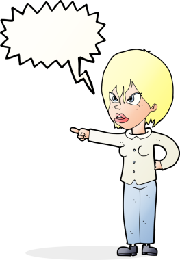 Bir insan tarafından çizilen konuşma balonuyla suçlanan karikatür kadını.