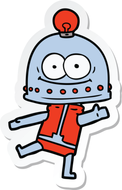 Bir insan tarafından çizilmiş mutlu bir karton robotun çıkartması.