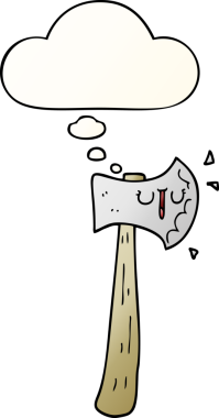 Düşünce baloncuğu olan çizgi film baltası bir insan tarafından çizilmiş.