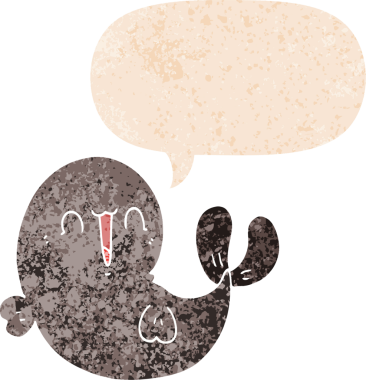 Bir insan tarafından çizilmiş grunge sıkıntılı retro tarzı konuşma balinası ile sevimli çizgi film balinası