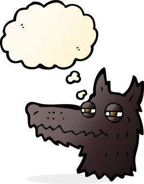 Bir insan tarafından çizilmiş düşünce baloncuklu kendini beğenmiş kurt yüzü.