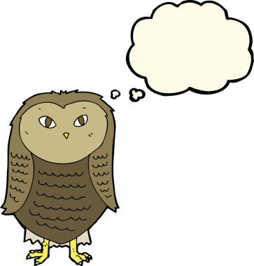 Bir insan tarafından çizilmiş düşünce baloncuklu çizgi film baykuşu