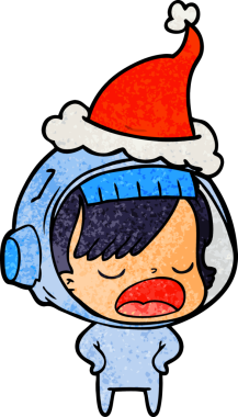 Bir astronot kadının insan tarafından çizilmiş Noel Baba şapkası giydiğini anlatan el çizimi bir karikatür.