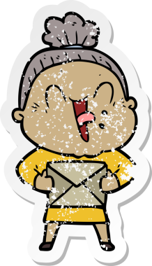 Bir insan tarafından çizilmiş mutlu, yaşlı bir kadının sıkıntılı çıkartması.