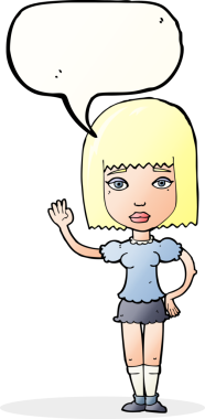 Bir insan tarafından çizilmiş bir konuşma balonuyla el sallayan çizgi film kadını.