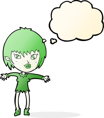 Bir insan tarafından çizilmiş düşünce balonlu vampir kız.