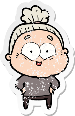 Bir insan tarafından çizilmiş mutlu, yaşlı bir kadının sıkıntılı çıkartması.