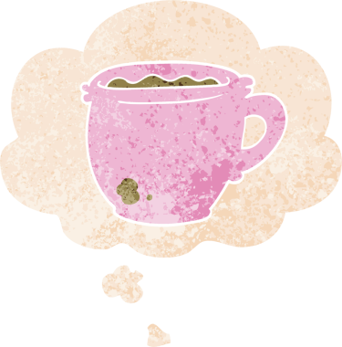 Düşünce baloncuklu karikatür sıcak kahve grunge sıkıntılı retro dokuma tarzı bir insan tarafından çizilmiş