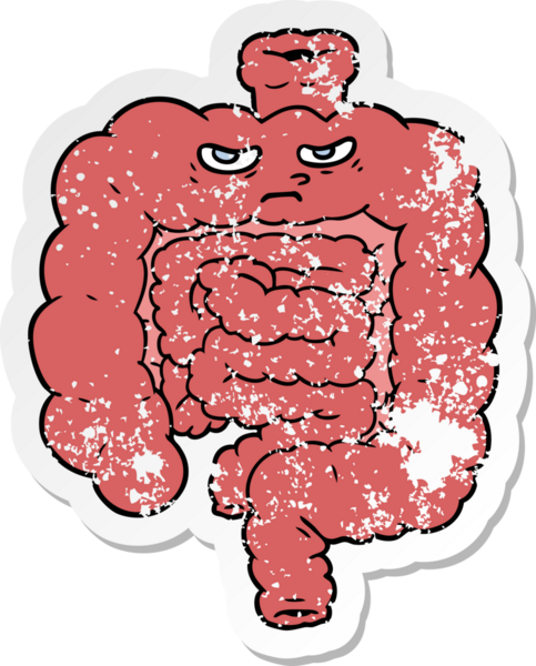 Bir insan tarafından çizilmiş karikatür bağırsağının sıkıntılı etiketi.