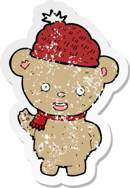 Bir insan tarafından çizilmiş şapkalı çizgi film ayısının gerilimli çıkartması.