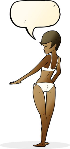 Bir insan tarafından çizilmiş konuşma balonu olan bikinili bir kadın.