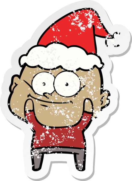 Bir insan tarafından çizilmiş Noel Baba şapkası giymiş kel bir adamın çizilmiş el yazısı.