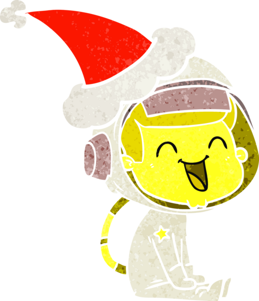 Mutlu el çizimi, Noel Baba şapkası takan bir astronotun insan tarafından çizilmiş retro karikatürü.