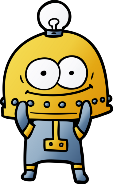 Bir insan tarafından çizilmiş ampullü mutlu karton robot.