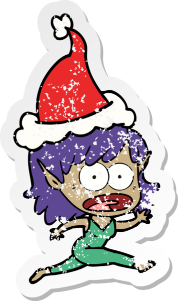 Bir insan tarafından çizilmiş Noel Baba şapkası giymiş şok olmuş bir elf kızının el yazısı.